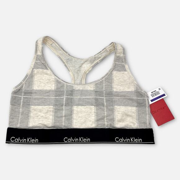 Calvin Klein NWT Women's Plaid Racerback Bralette Size XL Tan, Gray Lightweight - Picture 1 of 7